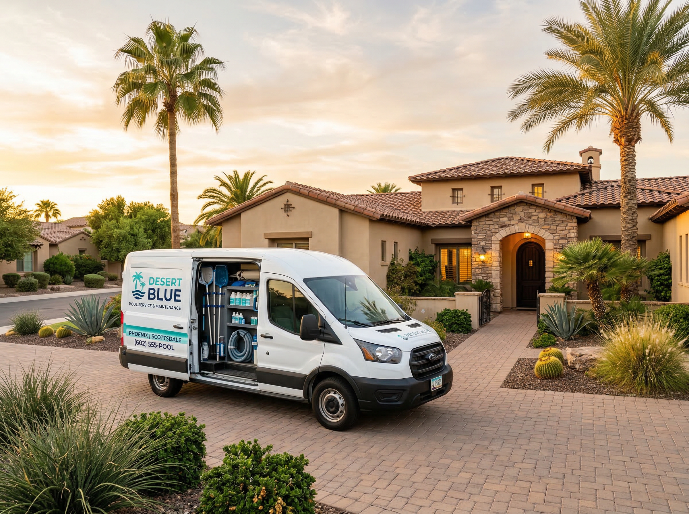 Aqua Palm Pool Service van parked at an Arizona home