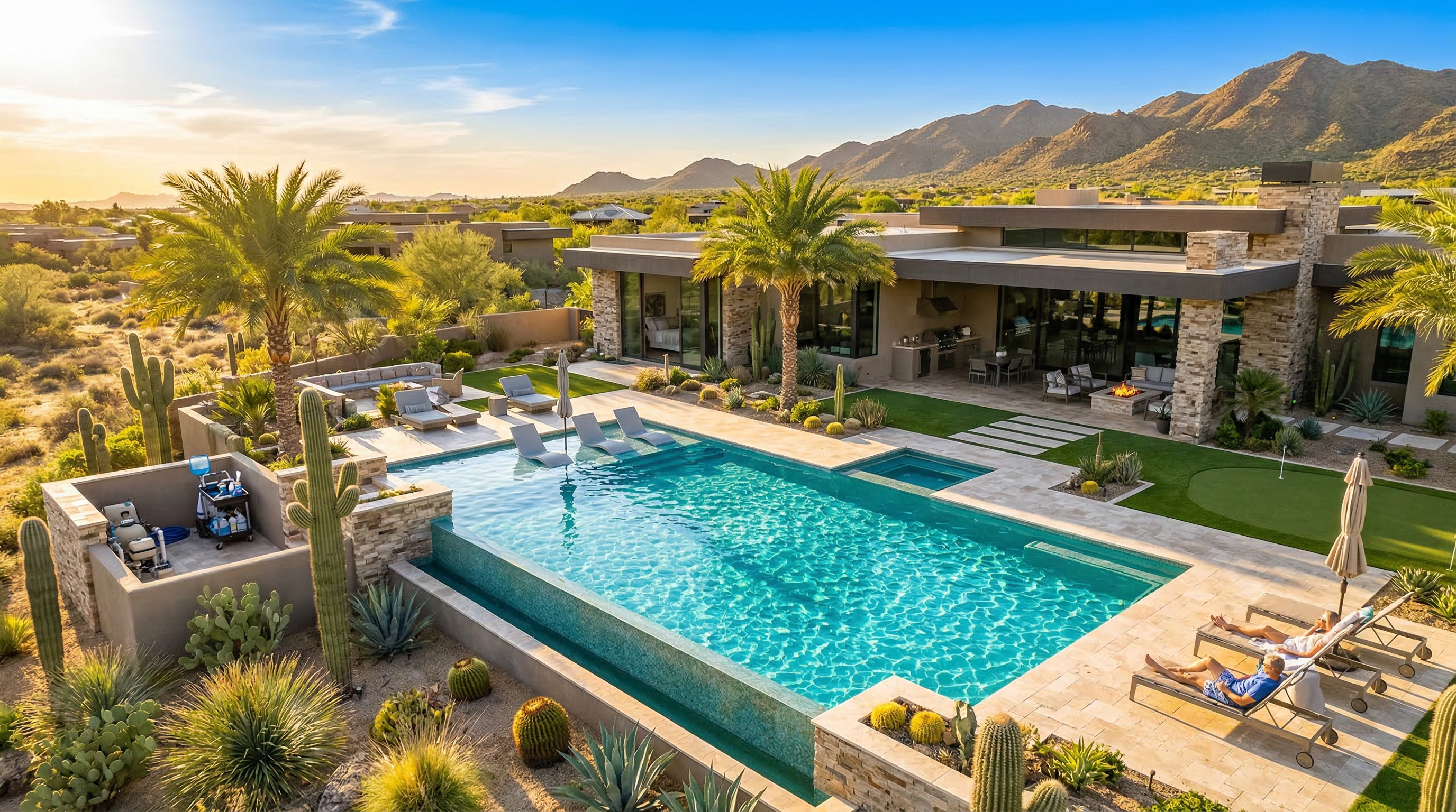Aerial view of a crystal clear swimming pool surrounded by palm trees and cacti with Arizona mountains in the background