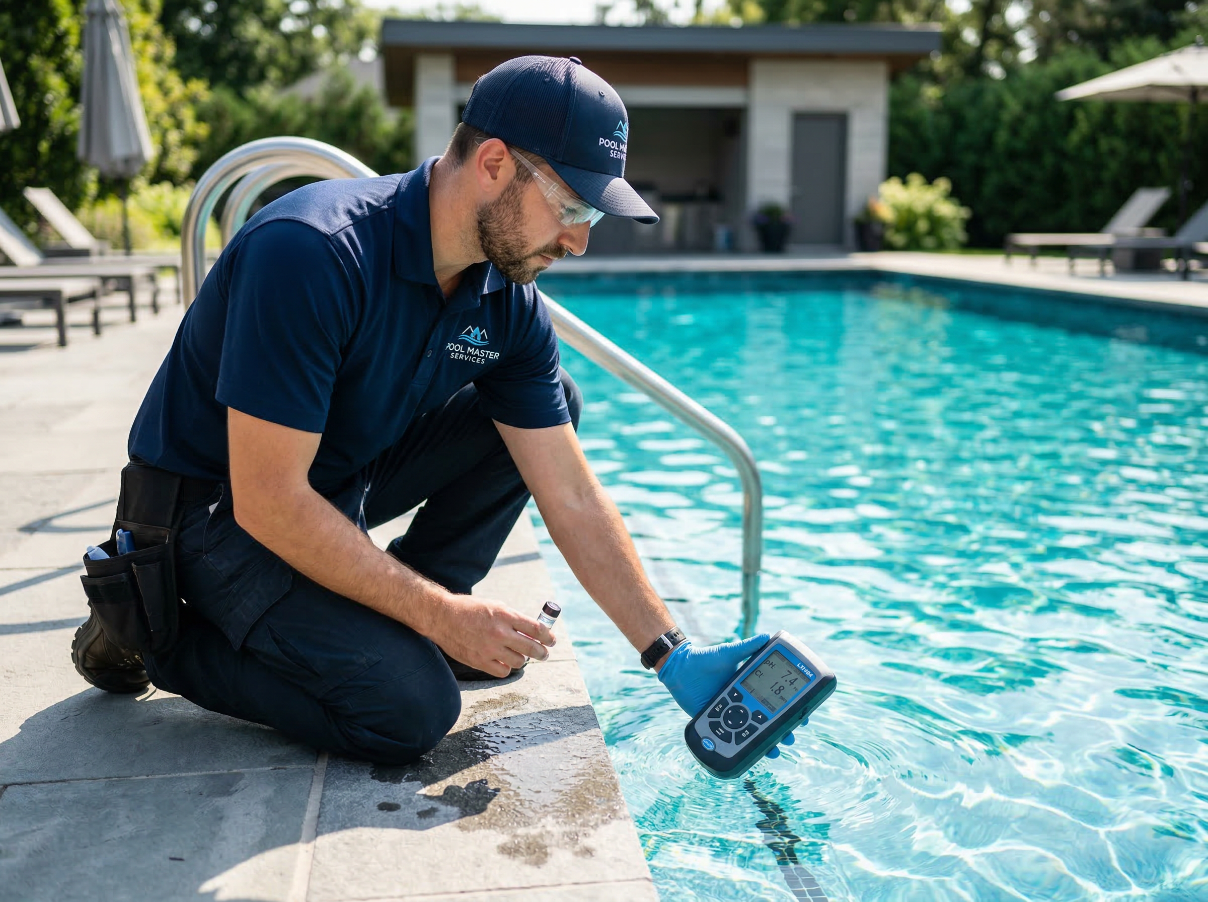 Pool technician testing water chemistry with professional equipment